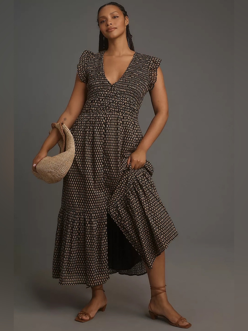 BY ANTHROPOLOGIE • Perigrine midi dress black brown floral Small